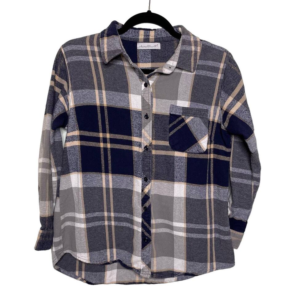 Keren Hart Flannel Button Up Shirt Long Sleeve Plaid 100% Cotton Gray M Country